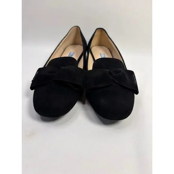 PRADA Black Suede Prada Signature Logo Bow Flat Slipper Shoes Size 37.5 - Picture 3 of 10